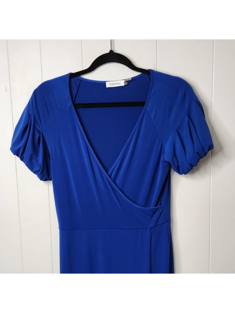 Calvin Klein Blue Short Sleeve Knee Length Dress Stretchy Wrap V-Neck Office - Picture 4 of 11